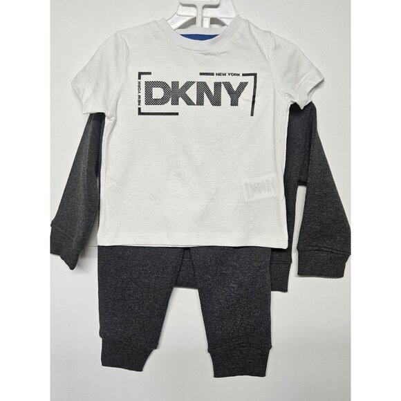 DKNY  12M, Set Of 3, Grey Pull Over Jacket/Grey Pants/ Crew Neck Logo T Shirt - Picture 2 of 11